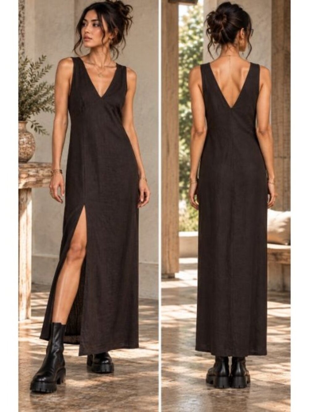 Asos Flax Blend Column Sleeveless Witchy Fairy Goth Vamp Maxi Dress 8 Black